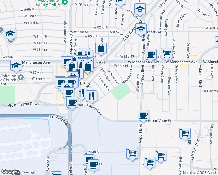 map of restaurants, bars, coffee shops, grocery stores, and more near 8807 Bleriot Avenue in Los Angeles