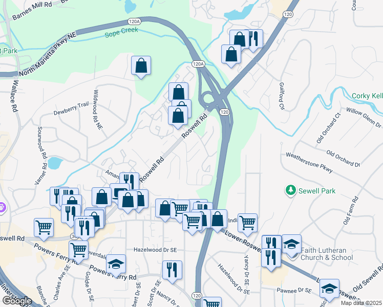 map of restaurants, bars, coffee shops, grocery stores, and more near 113 Summit Forest Drive in Marietta