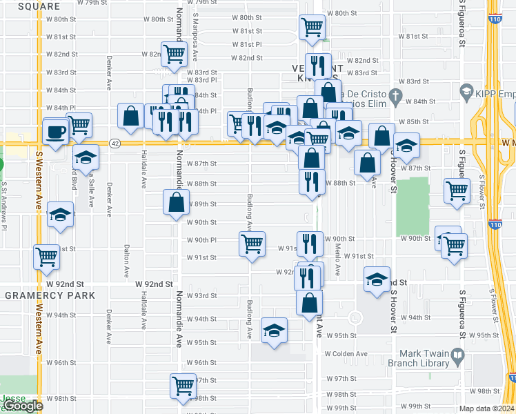 map of restaurants, bars, coffee shops, grocery stores, and more near 1140 West 89th Street in Los Angeles