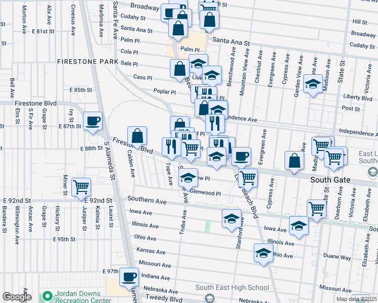 map of restaurants, bars, coffee shops, grocery stores, and more near 2721 Laurel Place in South Gate