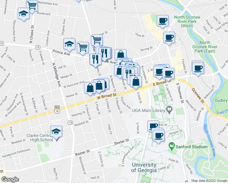 map of restaurants, bars, coffee shops, grocery stores, and more near 139 North Newton Street in Athens