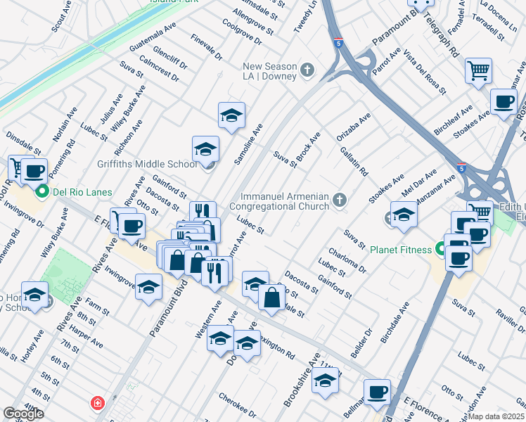 map of restaurants, bars, coffee shops, grocery stores, and more near 9703 Brock Avenue in Downey