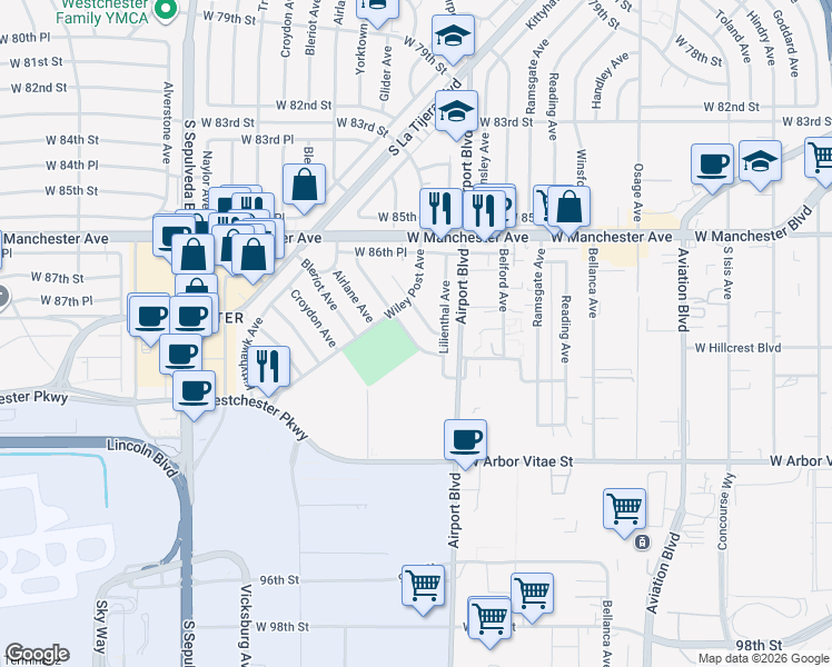 map of restaurants, bars, coffee shops, grocery stores, and more near 8906 Yorktown Avenue in Los Angeles