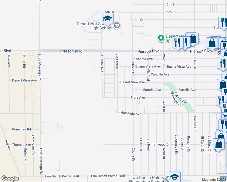 map of restaurants, bars, coffee shops, grocery stores, and more near 65565 Acoma Avenue in Desert Hot Springs