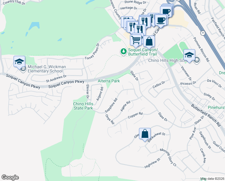 map of restaurants, bars, coffee shops, grocery stores, and more near 16224 Cordovan Court in Chino Hills