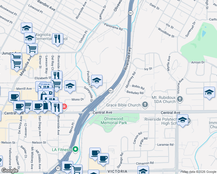 map of restaurants, bars, coffee shops, grocery stores, and more near 3330 Highcliff Road in Riverside