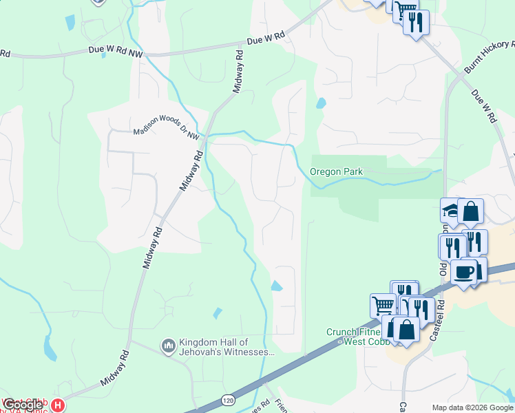 map of restaurants, bars, coffee shops, grocery stores, and more near 4279 Bristlecone Drive Northwest in Marietta