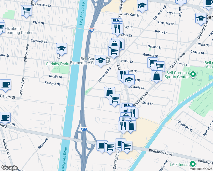 map of restaurants, bars, coffee shops, grocery stores, and more near 5636 Cecilia Street in Bell Gardens