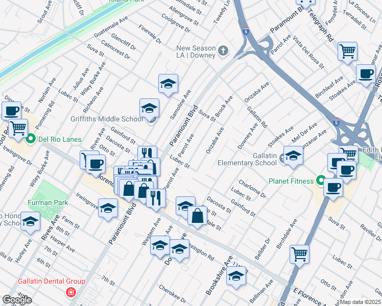 map of restaurants, bars, coffee shops, grocery stores, and more near 9703 Brock Avenue in Downey