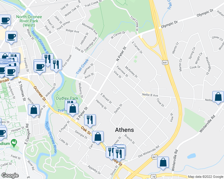 map of restaurants, bars, coffee shops, grocery stores, and more near 248 Arch Street in Athens