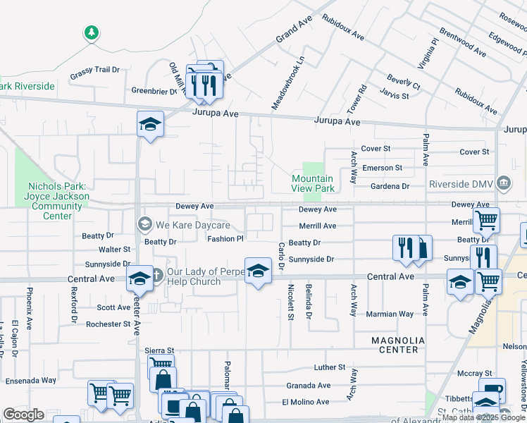 map of restaurants, bars, coffee shops, grocery stores, and more near 4943 Locomotive Lane in Riverside