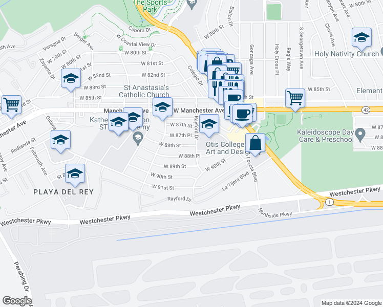 map of restaurants, bars, coffee shops, grocery stores, and more near 7307 West 88th Place in Los Angeles