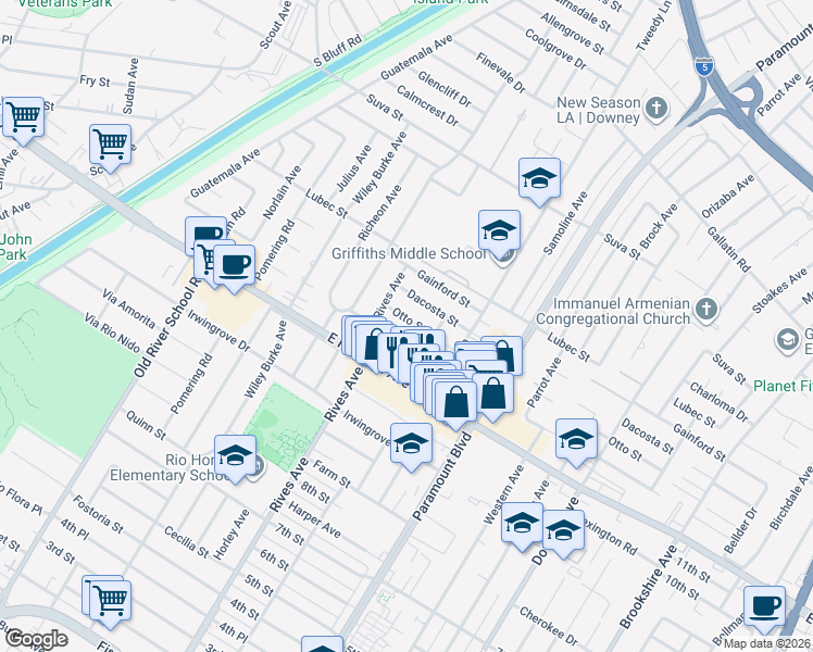 map of restaurants, bars, coffee shops, grocery stores, and more near 7766 Otto Street in Downey