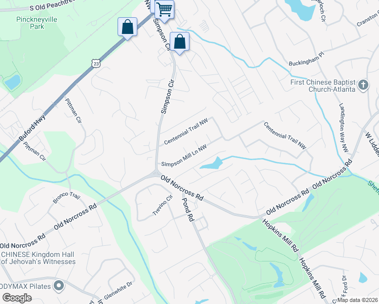 map of restaurants, bars, coffee shops, grocery stores, and more near 4547 Simpson Mill Lane Northwest in Duluth
