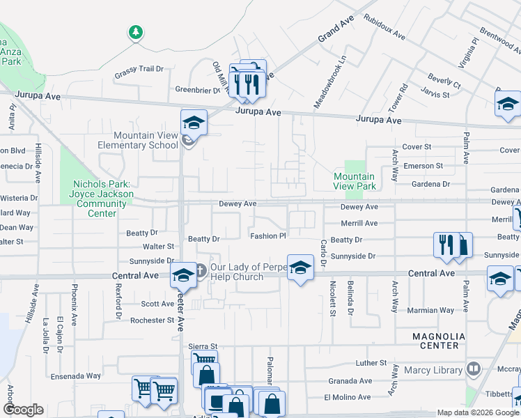 map of restaurants, bars, coffee shops, grocery stores, and more near 5084 Lawndale Avenue in Riverside