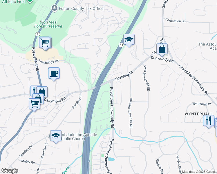 map of restaurants, bars, coffee shops, grocery stores, and more near 7400 Peachtree Dunwoody Road in Atlanta