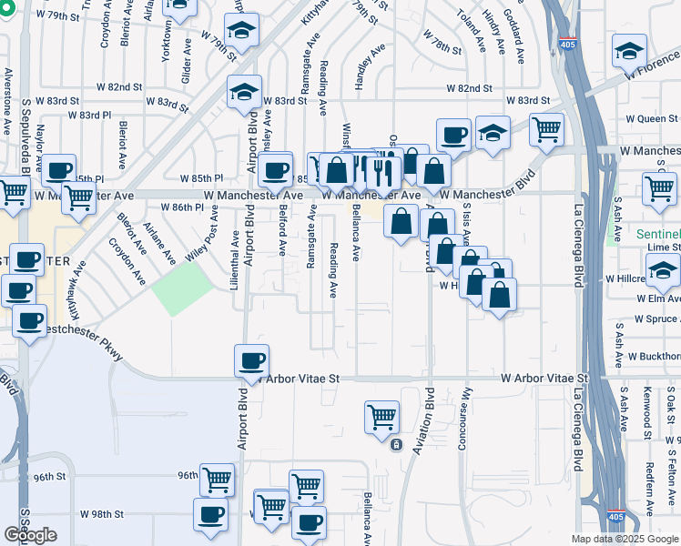 map of restaurants, bars, coffee shops, grocery stores, and more near 8828 Reading Avenue in Los Angeles