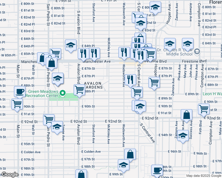 map of restaurants, bars, coffee shops, grocery stores, and more near 807 East 88th Place in Los Angeles