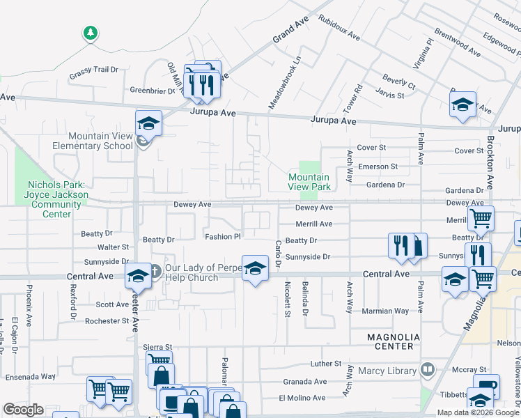 map of restaurants, bars, coffee shops, grocery stores, and more near 4943 Locomotive Lane in Riverside