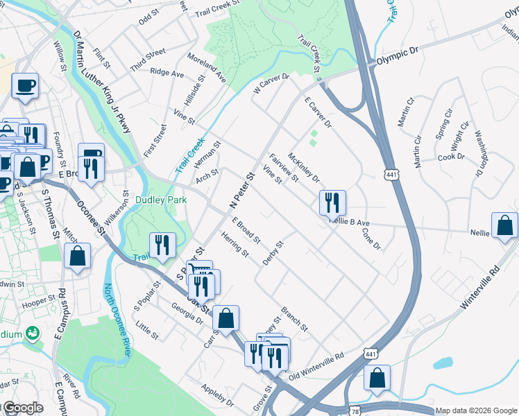 map of restaurants, bars, coffee shops, grocery stores, and more near 248 Arch Street in Athens