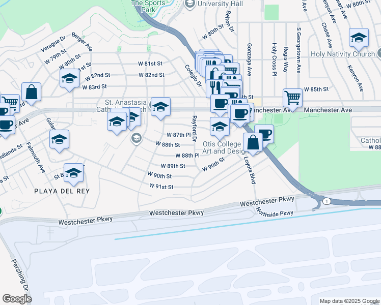 map of restaurants, bars, coffee shops, grocery stores, and more near 7307 West 88th Place in Los Angeles