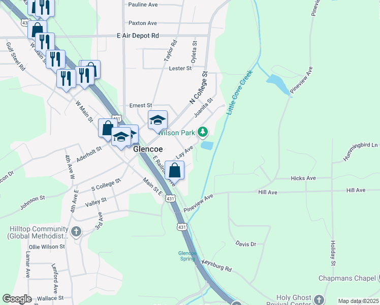 map of restaurants, bars, coffee shops, grocery stores, and more near 300 Lay Avenue in Gadsden