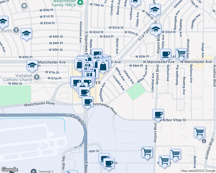 map of restaurants, bars, coffee shops, grocery stores, and more near 8864 Earhart Avenue in Los Angeles