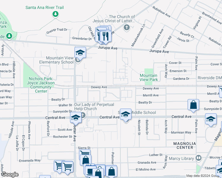 map of restaurants, bars, coffee shops, grocery stores, and more near 5068 Lawndale Avenue in Riverside