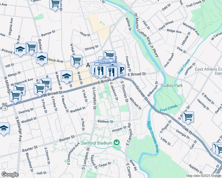 map of restaurants, bars, coffee shops, grocery stores, and more near 210 South Jackson Street in Athens