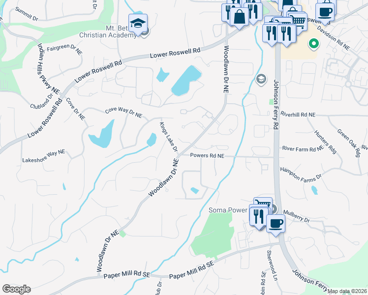 map of restaurants, bars, coffee shops, grocery stores, and more near 299 Woodlawn Drive Northeast in Marietta