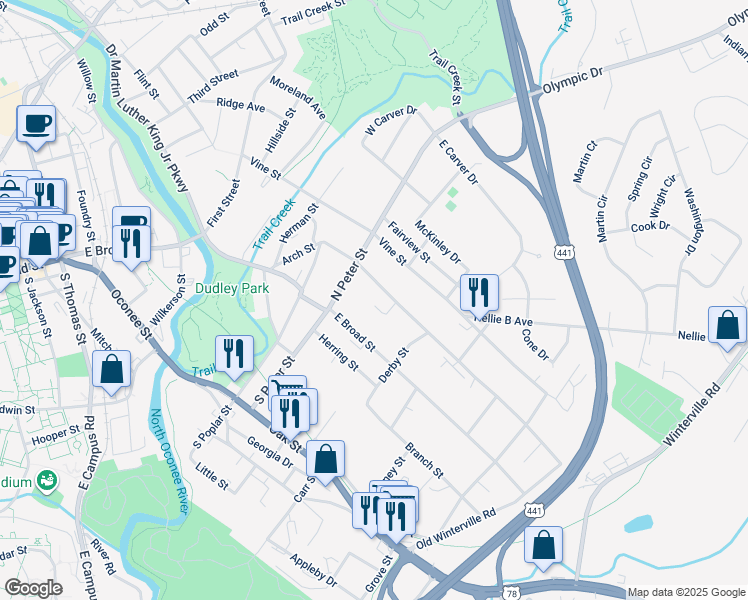 map of restaurants, bars, coffee shops, grocery stores, and more near 248 Arch Street in Athens