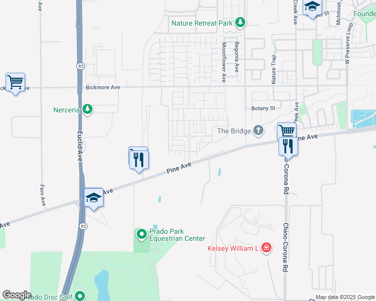 map of restaurants, bars, coffee shops, grocery stores, and more near 16352 Meadowhouse Avenue in Chino