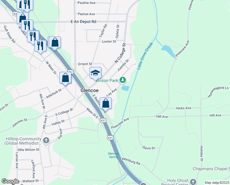 map of restaurants, bars, coffee shops, grocery stores, and more near 300 Lay Avenue in Gadsden