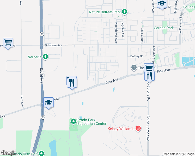 map of restaurants, bars, coffee shops, grocery stores, and more near 16352 Meadowhouse Avenue in Chino