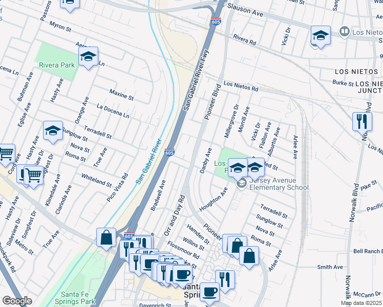 map of restaurants, bars, coffee shops, grocery stores, and more near 9353 Pioneer Boulevard in Santa Fe Springs