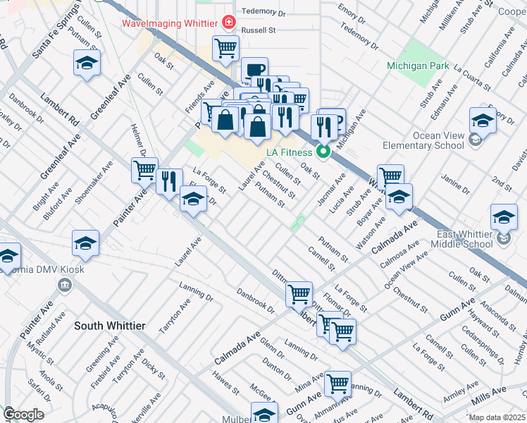 map of restaurants, bars, coffee shops, grocery stores, and more near 8702 Tarryton Avenue in Whittier