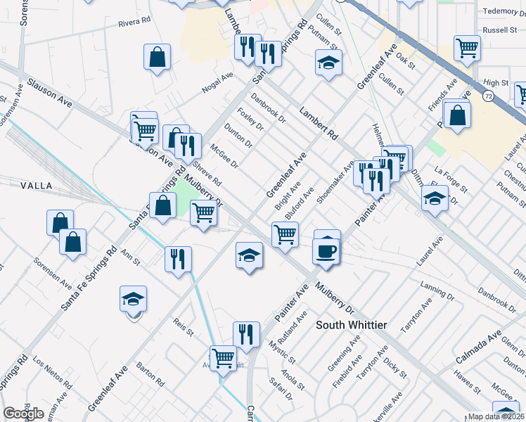 map of restaurants, bars, coffee shops, grocery stores, and more near 9134 Greenleaf Avenue in Whittier