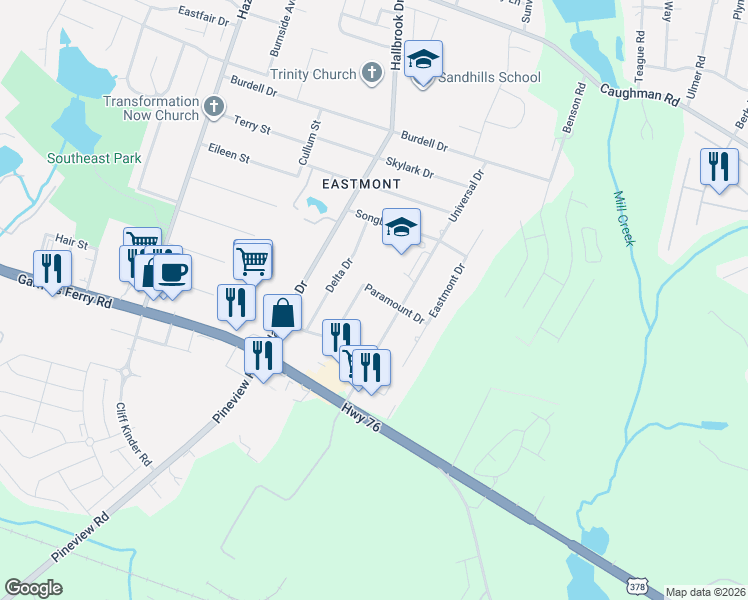 map of restaurants, bars, coffee shops, grocery stores, and more near 1006 Paramount Drive in Columbia