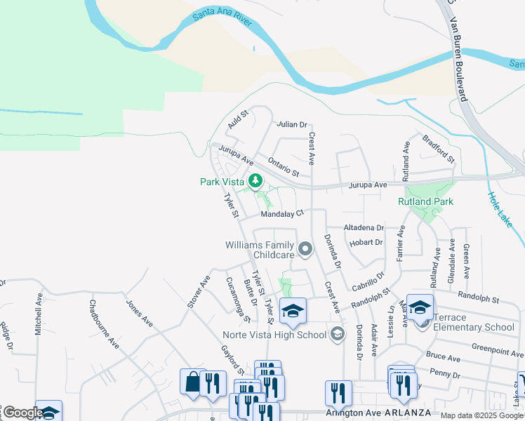 map of restaurants, bars, coffee shops, grocery stores, and more near 7000 Batavia Way in Riverside