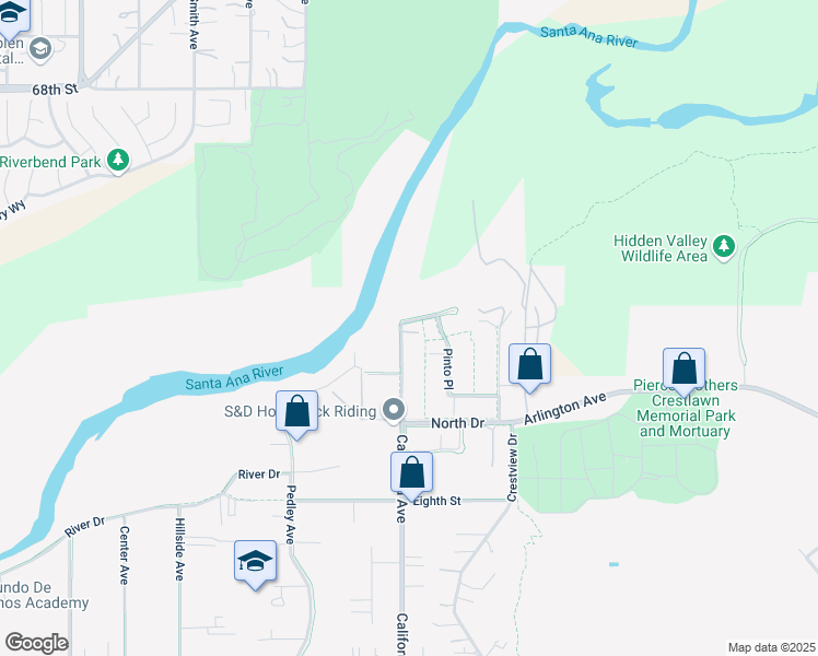 map of restaurants, bars, coffee shops, grocery stores, and more near 5187 California Avenue in Norco
