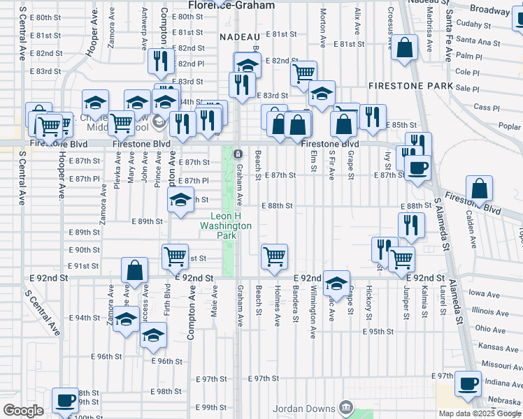 map of restaurants, bars, coffee shops, grocery stores, and more near 8000 East 88th Street in Los Angeles