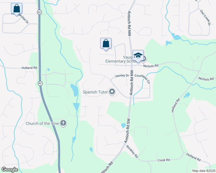 map of restaurants, bars, coffee shops, grocery stores, and more near 6161 Pritchett Drive in Powder Springs