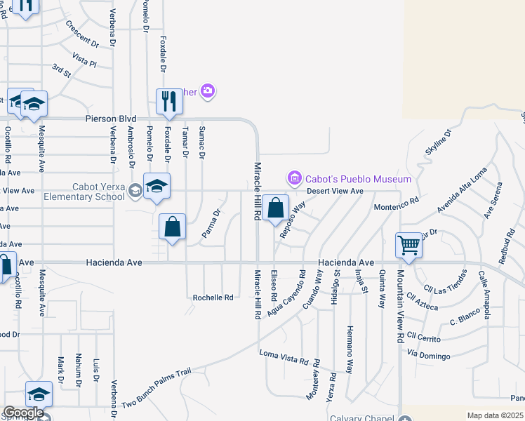 map of restaurants, bars, coffee shops, grocery stores, and more near 12622 Miracle Hill Road in Desert Hot Springs