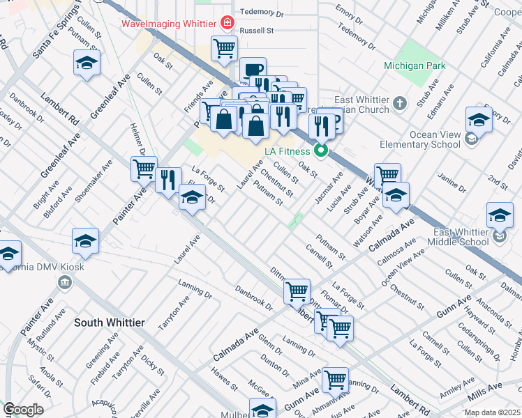 map of restaurants, bars, coffee shops, grocery stores, and more near 8702 Tarryton Avenue in Whittier