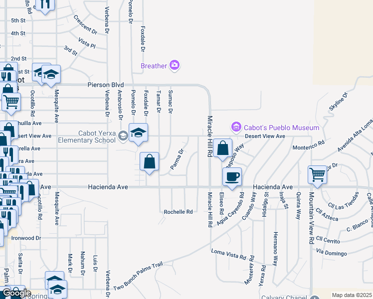 map of restaurants, bars, coffee shops, grocery stores, and more near 12600 Parma Drive in Desert Hot Springs