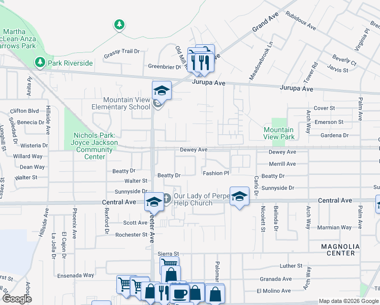map of restaurants, bars, coffee shops, grocery stores, and more near 5153 Capistrano Way in Riverside