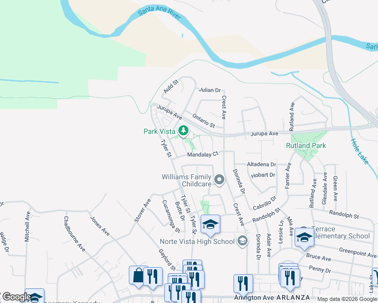 map of restaurants, bars, coffee shops, grocery stores, and more near 10221 Mandalay Court in Riverside