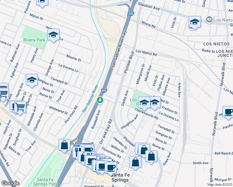map of restaurants, bars, coffee shops, grocery stores, and more near 9311 Pioneer Boulevard in Santa Fe Springs