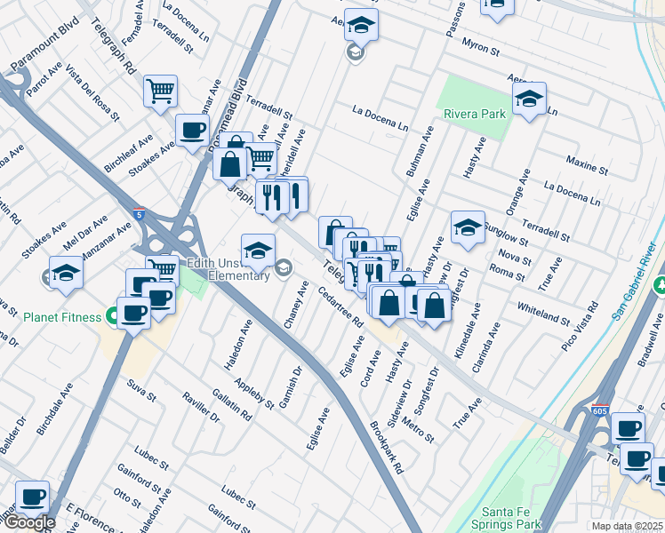 map of restaurants, bars, coffee shops, grocery stores, and more near 9321 Telegraph Road in Pico Rivera