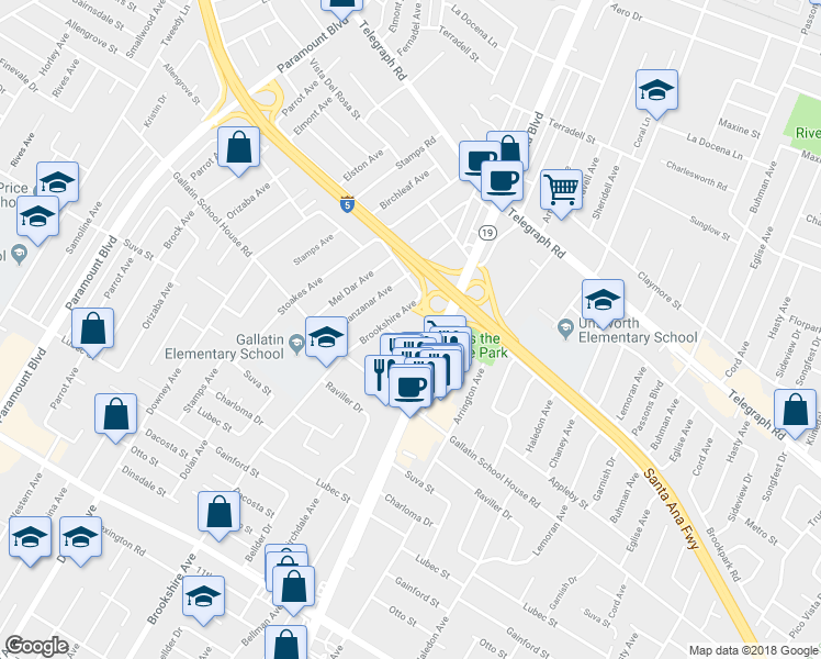 map of restaurants, bars, coffee shops, grocery stores, and more near 7301 Florence Avenue in Downey